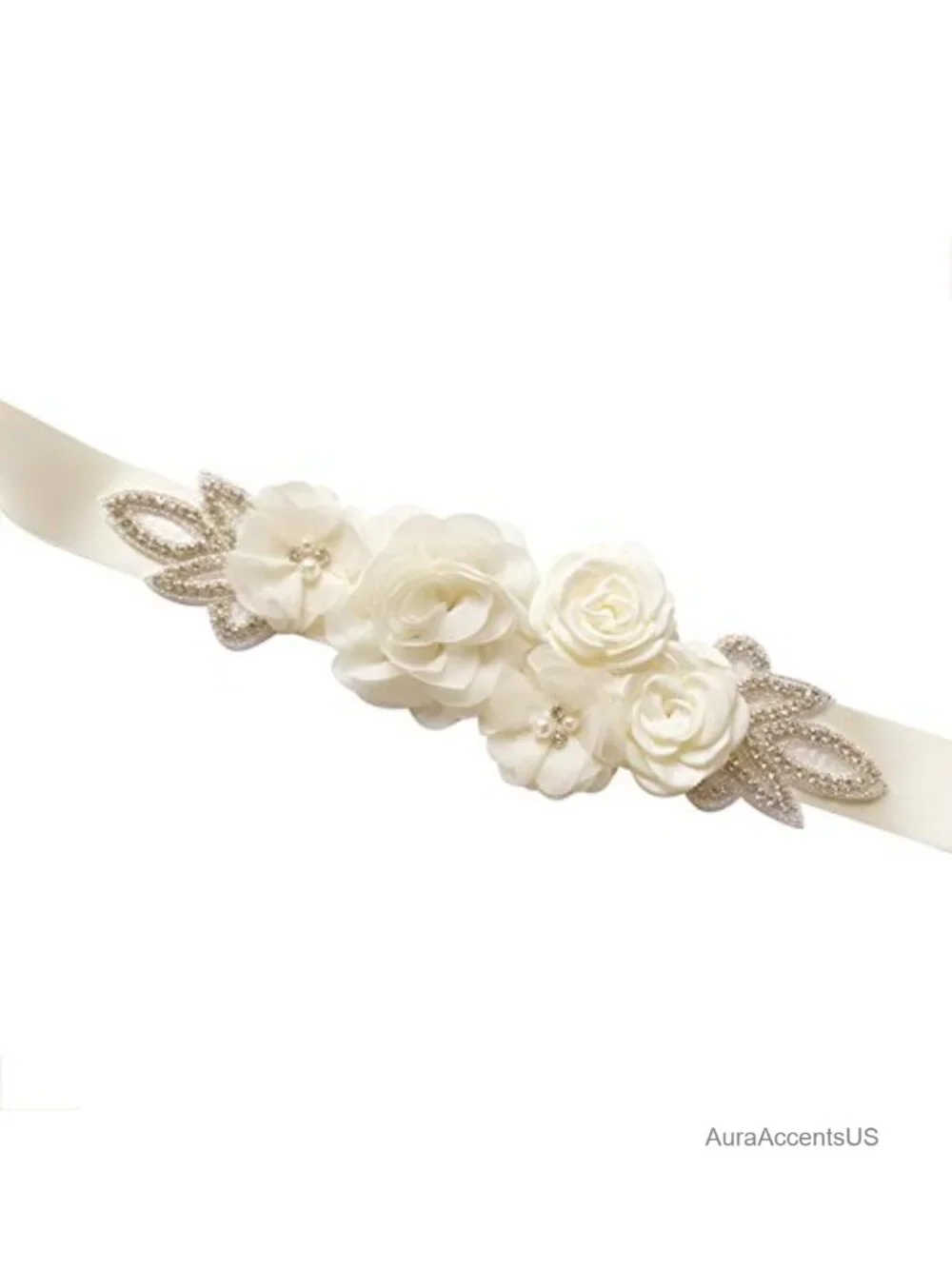 Handmade Satin Sash Belt with Flowers Pearls Rhinestone for Wedding